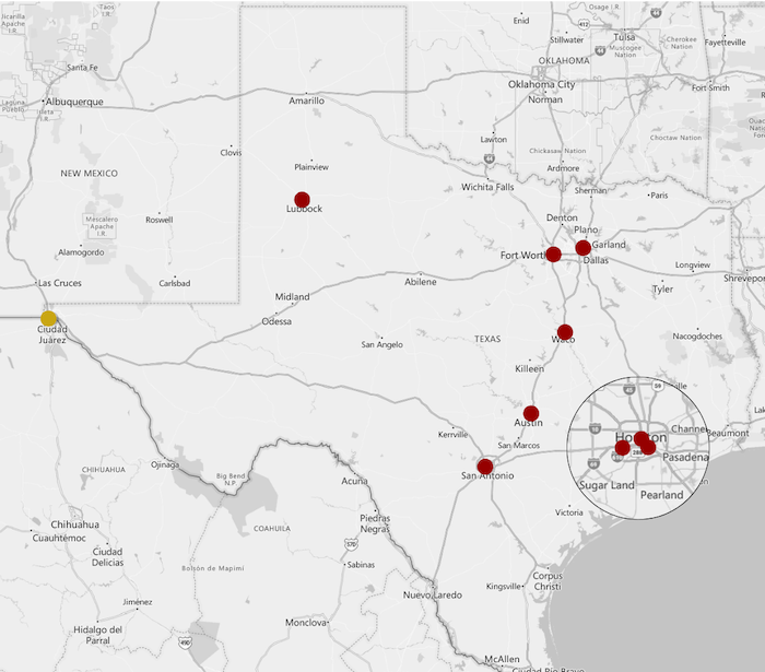 Map of Texas with red dots indicating locations of law schools in the state