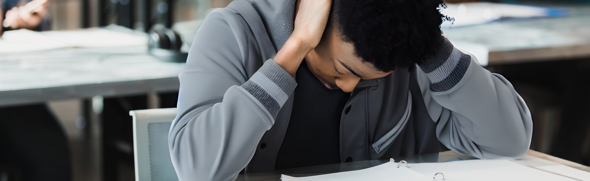 Teen covers head and looks down at desk, looking frustrated and sad